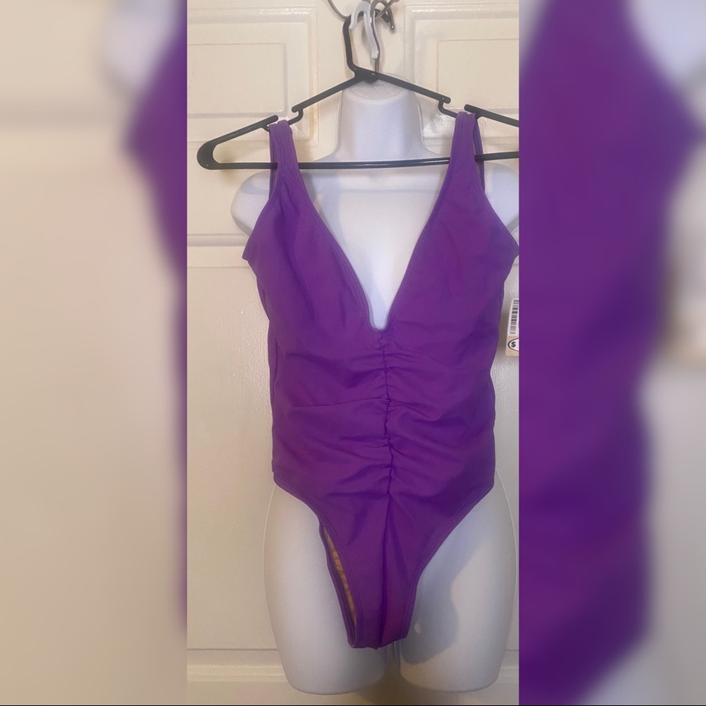 Medium V neck ruched purple swimsuit